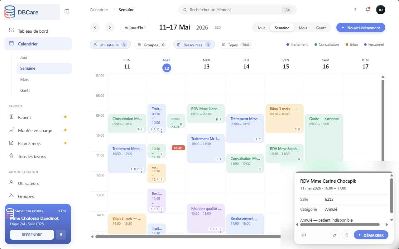 Calendrier DBCare, planification des visites
